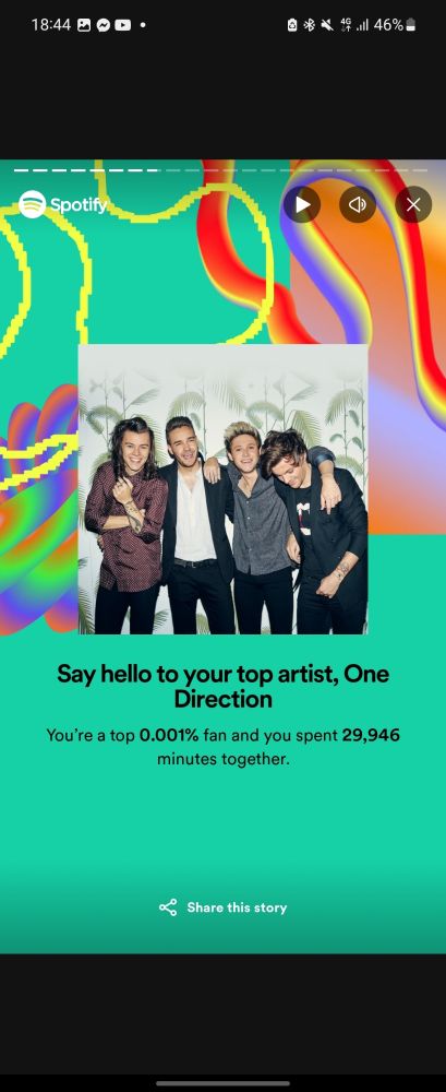 spotify wrapped: say hello to yout top artist, one direction. you're a top 0.001% fan and you spent 29946 minutes together