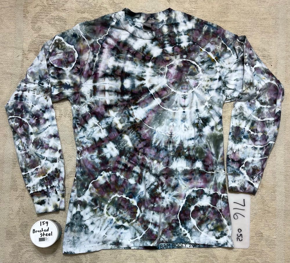 Long sleeve T tied as a geode and dyed with only one color “Brushed Steel”. The ice dye process splits out the different color components 