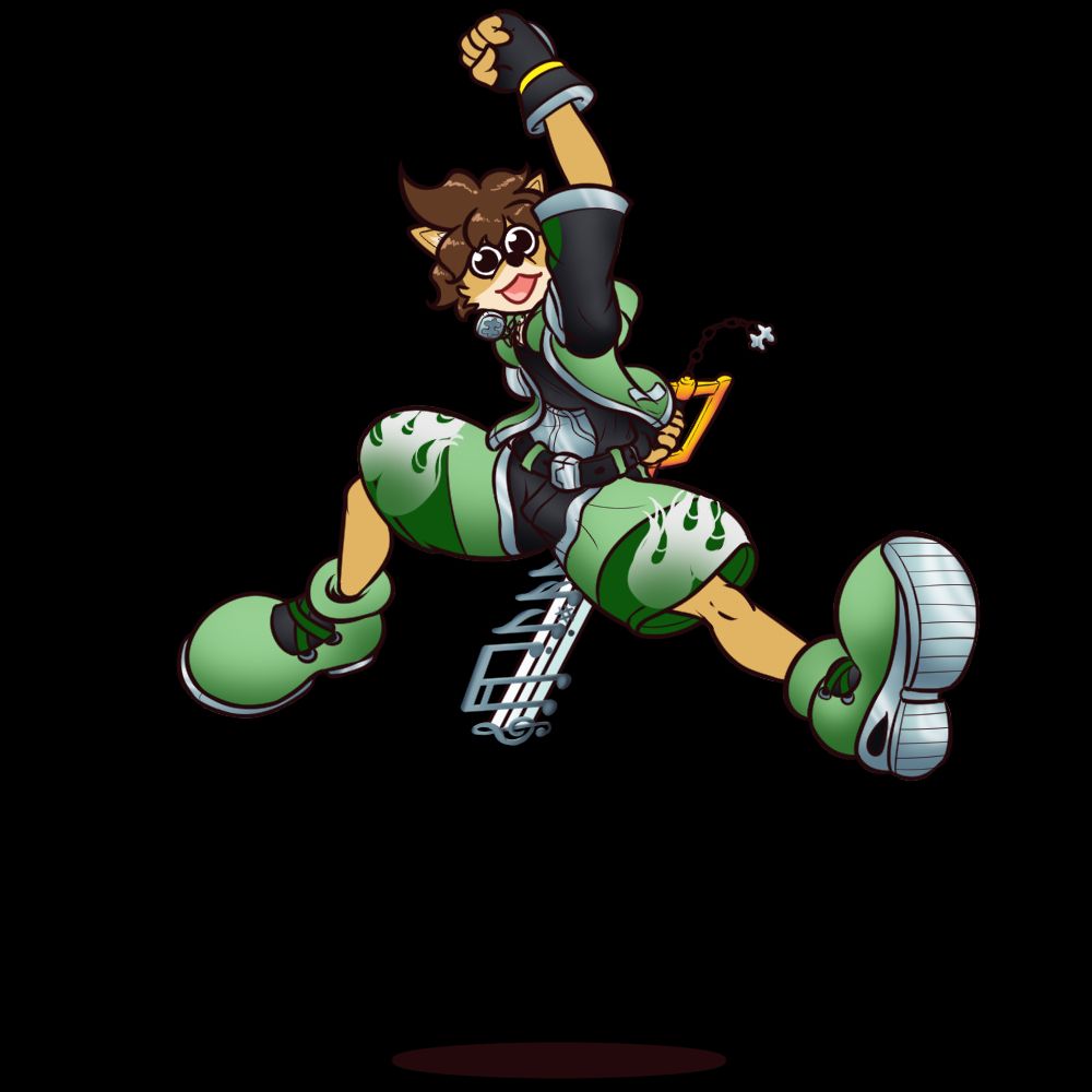 A still frame from a fugi commission for WeirdMusica as themselves cosplaying a green version of Sora's wisdom form. Taking a mix between KH2 and Smash Bros Ultimate, and putting together a unique keyblade and emblem design at their request, Cole is giving a very excited cheer as they are known to do.