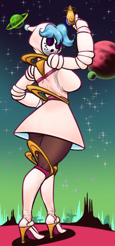 A commission for Dimwhat featuring their shygal in a 50's/60's retrofuture outfit. She is holding a golden blaster with float rings similar to the hoops anchored to bands on the outfit and boots. The background is inspired by comics and airbrush art intended to invoke an alien world and solar system in the sky.
