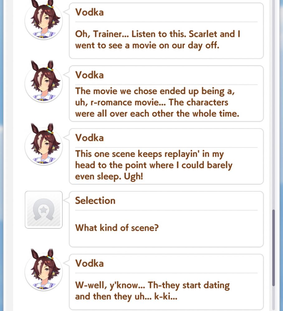 Screenshot from Uma Musume. Vodka and daiwa scarlet see a romance movie, vodka can’t get the kiss scene out of her head and keeps her from sleeping well. 