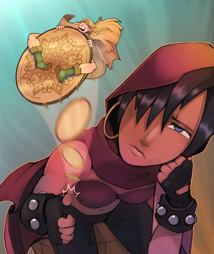 Thief flips a coin with a tiny Elf holding on for dear life.  Characters are from Shadow over Mystara.  It's too bad that Thief was missing from Dragon's Crown.