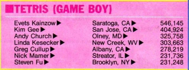 Classement des scores de Tetris (Game Boy) dans le Nintendo Power. Meilleur score 546 145.