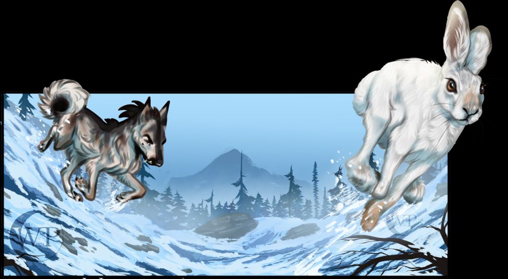 A digital drawing of my character Zahara, a wolf from an ARPG called Legends-End.

Zahara is chasing a Snow-white hare through the dystopian frozen wastelands in the morning. The perspective trick shows the hare coming out of the background image, along with Zahara behind it in pursuit.