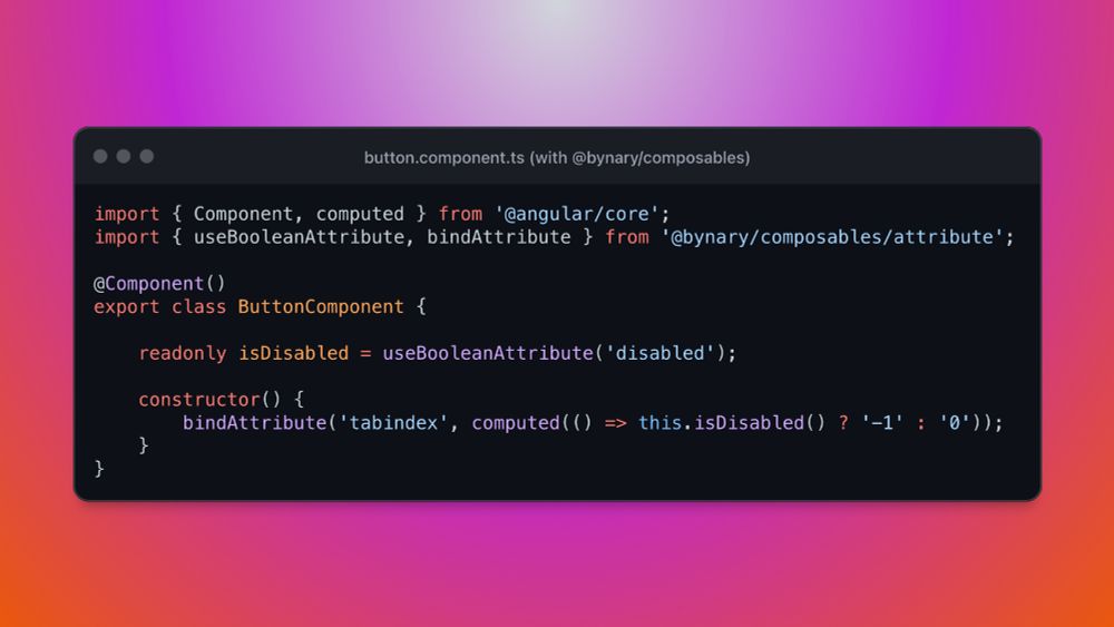 A code editor showing an example implementation of a simple button component using the @bynary/composables library. It is very concise and only requires two function calls to achieve the same result