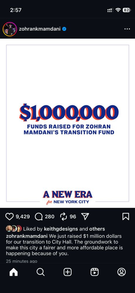 An Instagram screenshot from zohran mamdani’s account saying “1 million raised for mamdani’s transition fund”