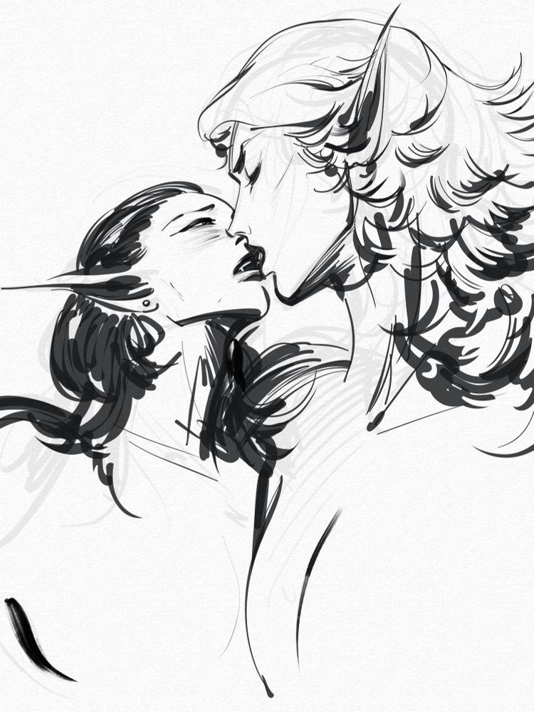 Black and white drawing of two vampires k i s s i n g