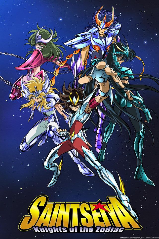 The cover for "SAINT SEIYA: Knights of the Zodiac" which features the main five seints(Shun, Hyoga, Seiya, Shiryu, and Ikki) all posing and standing in front of a universal background. 