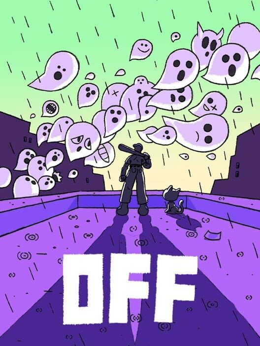 A man holding a bat on a building looks into the sky, it's full of ghosts of different designs flying while it rains. A small cat sits next to his legs, and in the shadow of his legs says the title:

"OFF"
