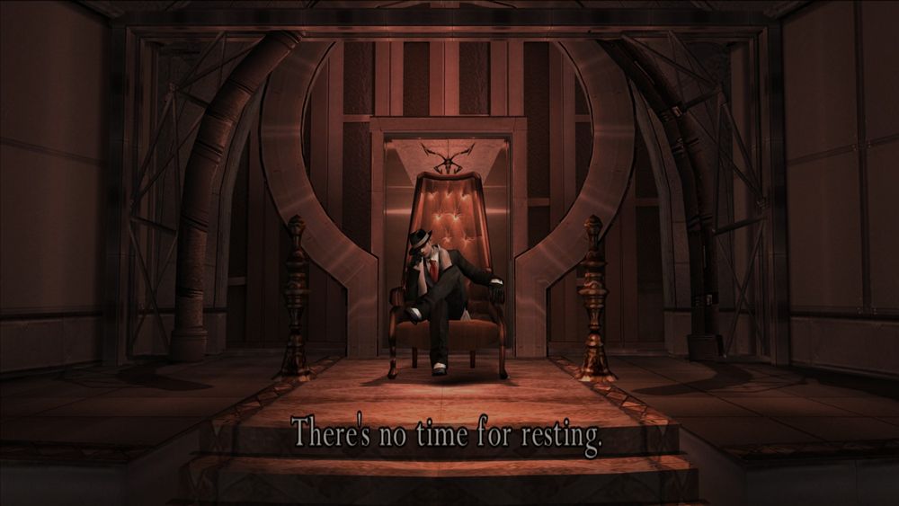 Leon in his mobster attire sitting in a chair, the words underneath saying "There's no time for resting." He has an immense amount of Swag.