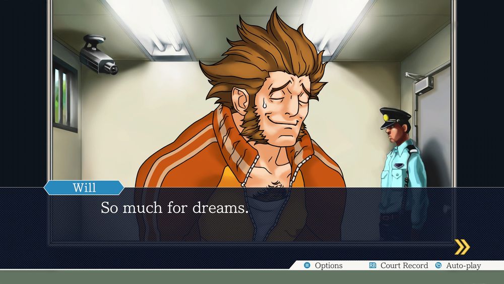 Will Powers from Ace Attorney episode 3: Turnabout Samurai. He's now got his eyes closed while sweating, remarking how over it is.

Beneath him in a blue Textbox says "So much for dreams."