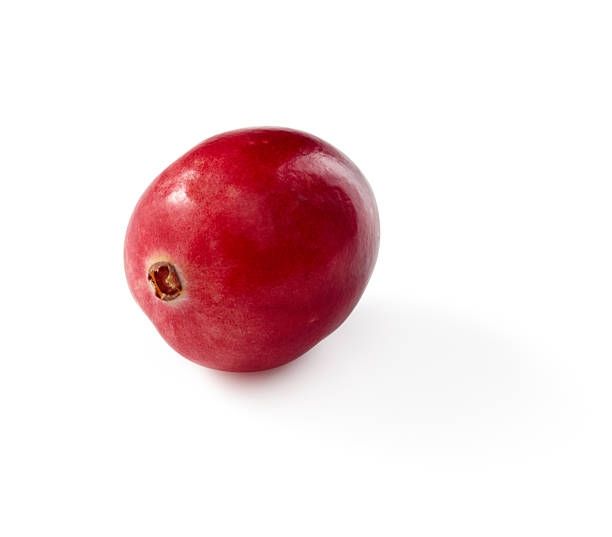 A fully ripe red cranberry with the stem side facing outward.