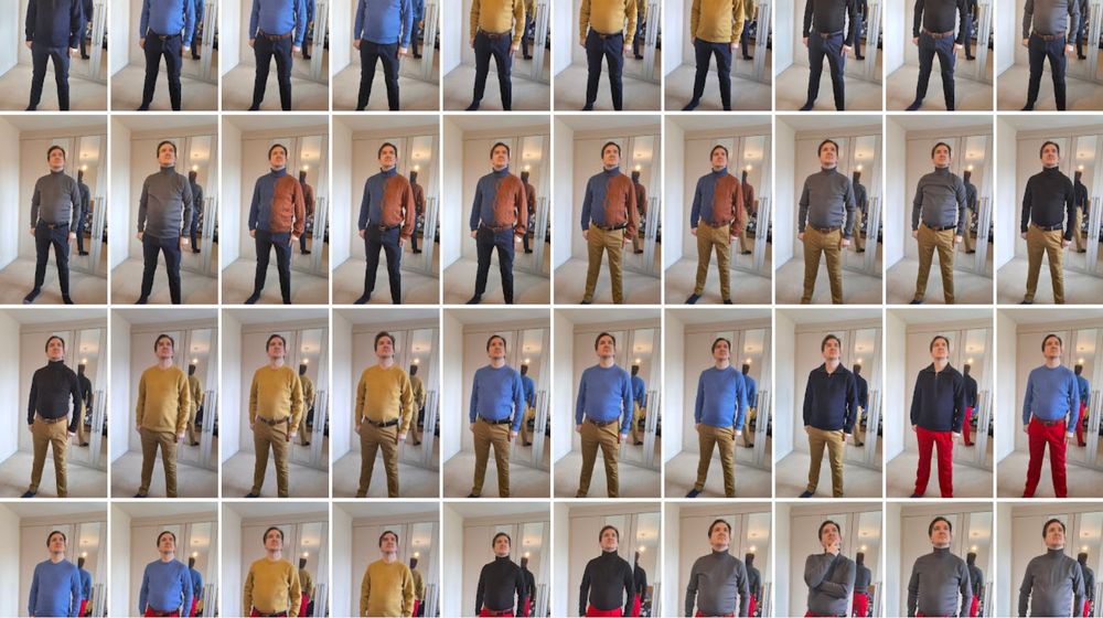 A screenshot of a gallery from Google photos, showing approximately 40 selfies of a man, in a mixture of different coloured jumpers and trousers. The jumpers are blue, yellow, navy, black, grey. The trousers are navy, mustard, and bright red.