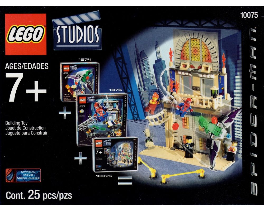 The box of LEGO Studios Spider-Man set 10075, depicting the movie scene where the Green Goblin destroys a New York City balcony during the Macy’s Thanksgiving Day Parade and Spider-Man swings to Mary Jane’s rescue.