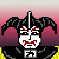 Pixel art drawing of Troma character, Sgt. Kabukiman. He has a red and white kabuki mask, and a black and yellow cape.
