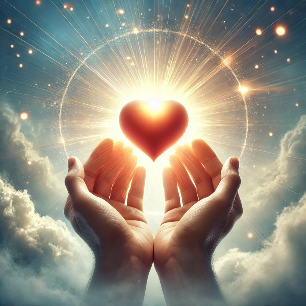 A glowing heart, surrounded by soft radiant light, rests gently in cupped hands against a peaceful background of soft clouds, symbolizing mercy as the greatest treasure within the human soul.