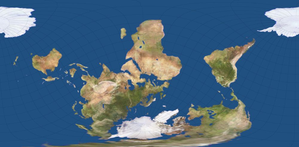 A plate carrée map spun so South Africa is on top.
