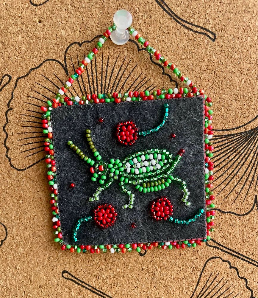 A tiny beaded katydid with red berries on a black background, with a festive green, white and red frame 
