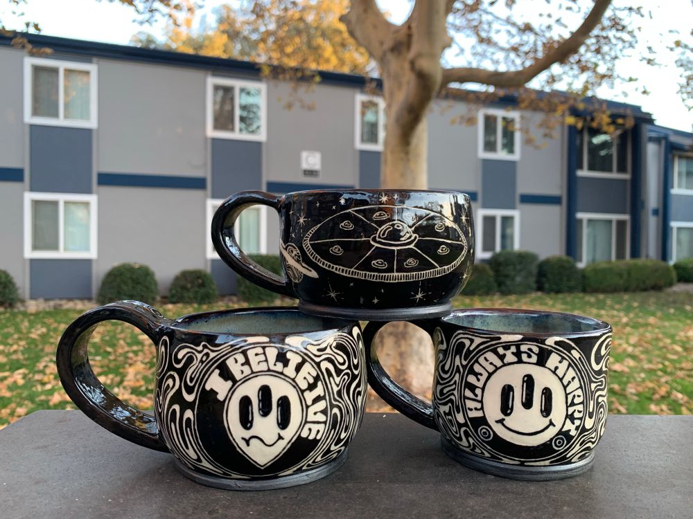 Ceramic pottery artist handmade funny alien ufo drawing sketch painting 