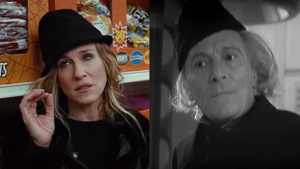 A photo of Carrie Bradshaw from Sex and the City wearing a black homburg hat. Next to her is a photo of the First Doctor, dressed similarly.