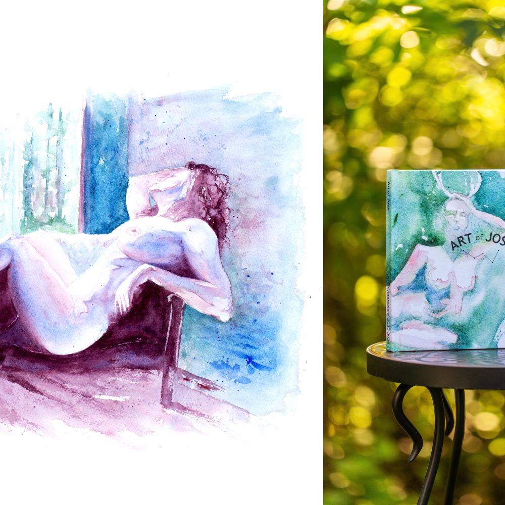 This image shows a figurative watercolor painting beside the cover of the Art of Josh watercolor book. 