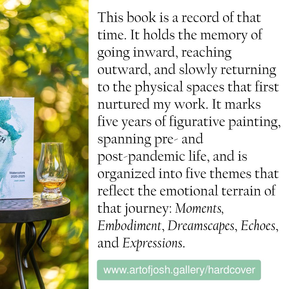 This book is a record of that time. It holds the memory of going inward, reaching outward, and slowly returning to the physical spaces that first nurtured my work. It marks five years of figurative painting, spanning pre- and post-pandemic life, and is organized into five themes that reflect the emotional terrain of that journey: Moments, Embodiment, Dreamscapes, Echoes, and Expressions.