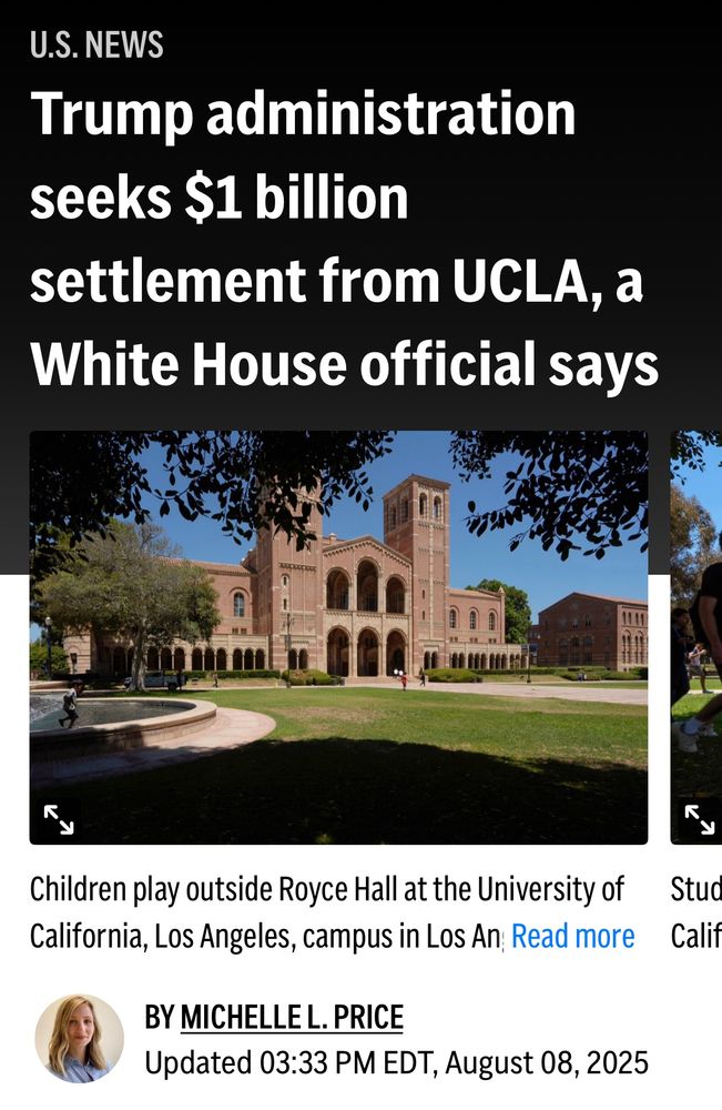 AP Headline: Trump Administration seeks $1 billion settlement from UCLA, a White House official said. 
