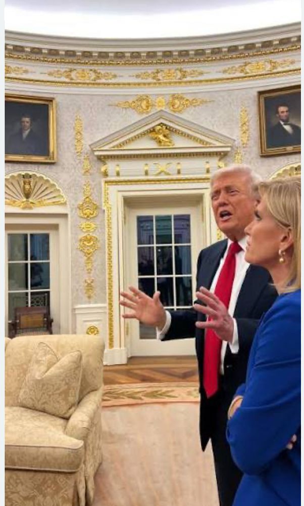 Trump giving Leslie Stahl (I think that’s Leslie) a tour of the White House, where it looks like the Golden Goose had explosive diarrhea across all the walls.
