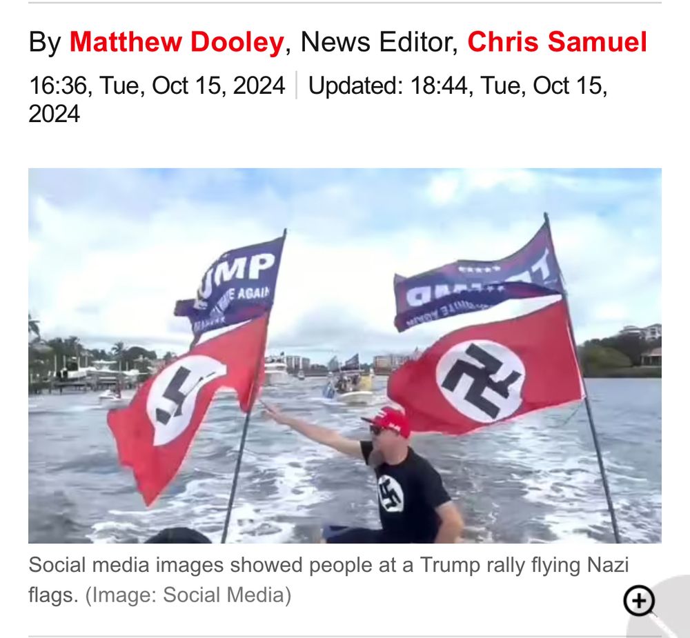 Some dickhead nazi in Florida on a boat with two sets of Trump flags accompanied by swastikas. 