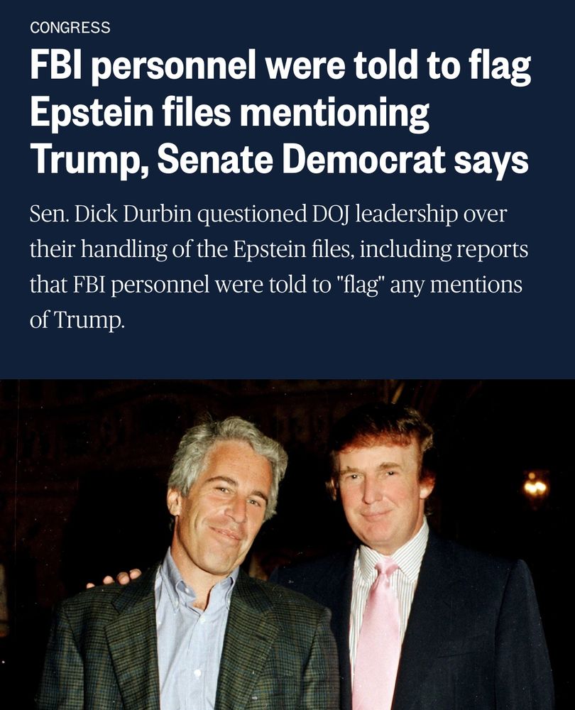 Headline about the FBI being ordered to flag mentions of Trump in the Epstein files. Pictured are Trump and his buddy Epstein. 