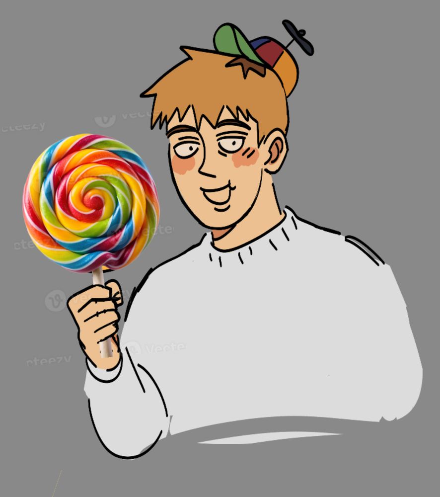 A drawing of Reigen wearing a propeller hat and a white sweater, holding a stock photo of a lollipop. He has an enthusiastic smile on his face.