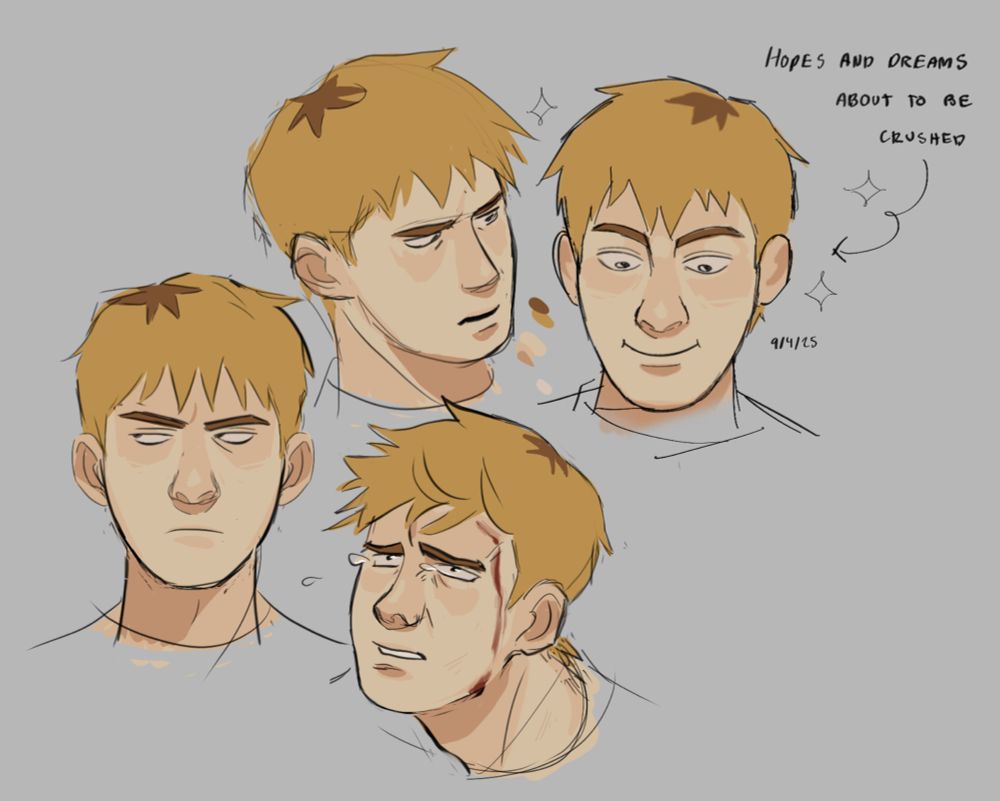 Four headshot drawings of Reigen with various expressions. Two of them show exasperation, one of them shows sadness, blood running down his face as tears leave his eyes, and the last one shows gleefulness.