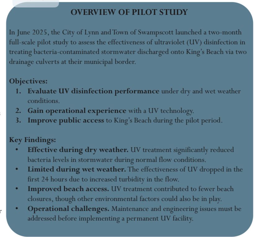 Screenshot of study:

OVERVIEW OF PILOT STUDY
In June 2025, the City of Lynn and Town of Swampscott launched a two-month full-scale pilot study to assess the effectiveness of ultraviolet (UV) disinfection in treating bacteria-contaminated stormwater discharged onto King's Beach via two drainage culverts at their municipal border.
Objectives:
1. Evaluate UV disinfection performance under dry and wet weather conditions.
2. Gain operational experience with a UV technology.
3. Improve public access to King's Beach during the pilot period.
Key Findings:
• Effective during dry weather. UV treatment significantly reduced bacteria levels in stormwater during normal flow conditions.
• Limited during wet weather. The effectiveness of UV dropped in the first 24 hours due to increased turbidity in the flow.
• Improved beach access. UV treatment contributed to fewer beach closures, though other environmental factors could also be in play.
• Operational challenges. Maintenance and engineering issues must be addressed before implementing a permanent UV facility.