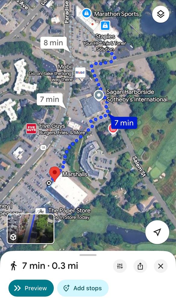 Screenshot of Google maps walking directions from the Salem strip mall containing staples and Supercuts over to the Swampscott side, 0.3 miles away to the Marshall’s. 