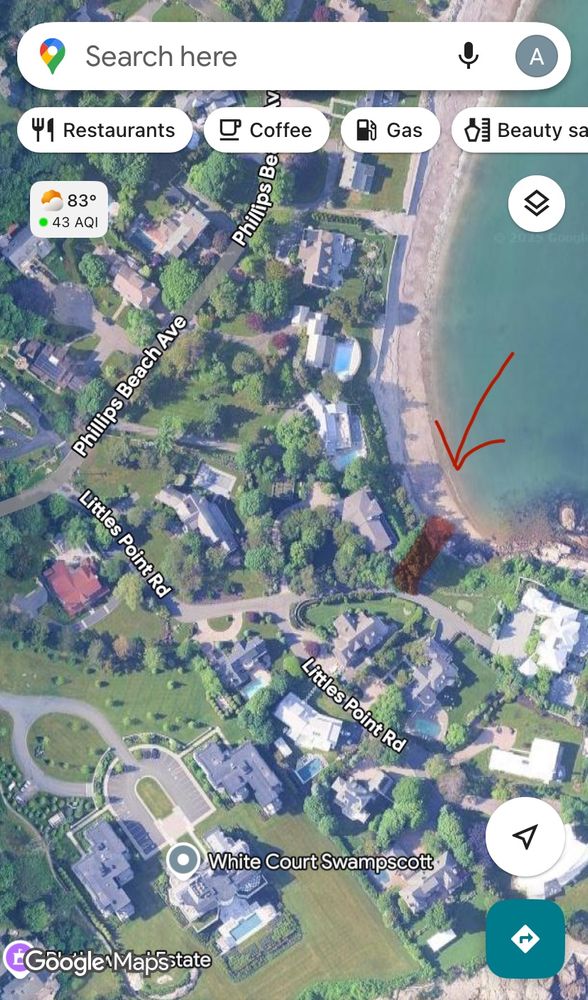 Screenshot of Google maps showing Phillips beach Ave, Littles point rd in Swampscott. Between two oceanfront properties off of Littles point rd it is highlighted in red where there is a stairwell down to the beach.