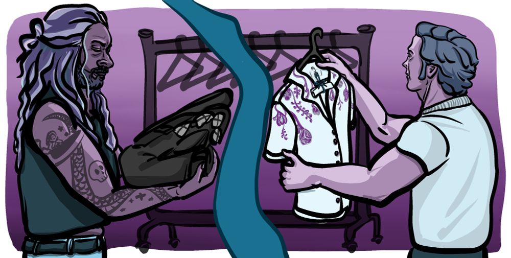 Digital illustration of Ed and Stede in profile, in a limited purple and teal palette. Ed is holding and looking down at his leather jacket, Stede is holding and looking at a white button down with embroidered flowers cascading down from the shoulders on a hanger. The shirt has a safety pin attached to the tag which also holds the ribbon wrapped around a tiny scroll, because he’s Stede. In the background is a clothing rack with hangers, but separating them is a teal Willamette River.