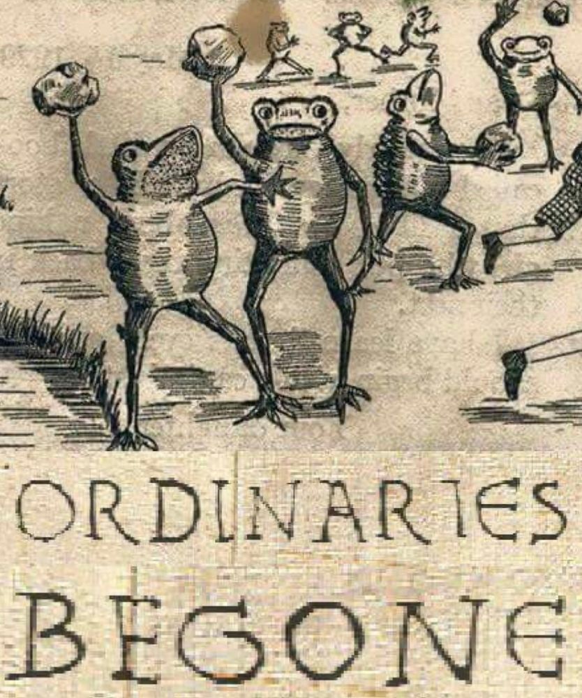 Illustration of frogs holding rocks with the title Ordinaries Begone 