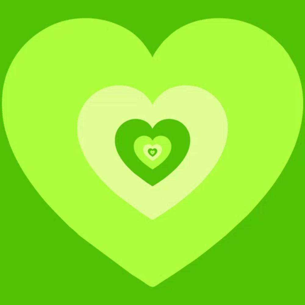 a green heart is surrounded by other green hearts on a yellow background