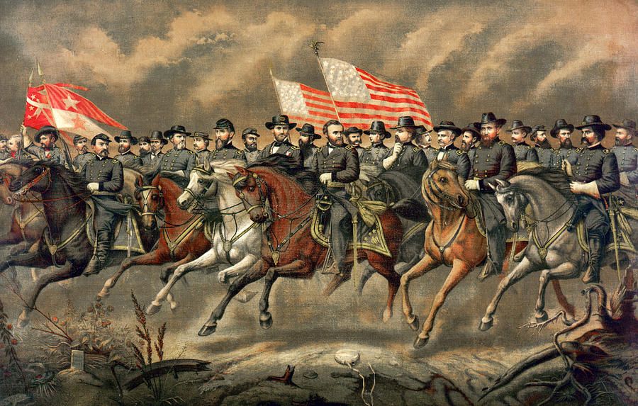 Description: A group of military leaders on horseback are marching forward with American flags. The scene suggests a historical military parade during the Civil War era.