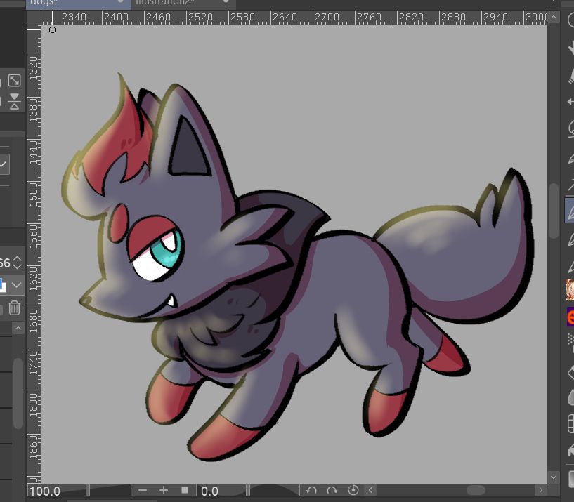 A drawing of the dark type pokemon, Zorua. A small gray fox with red tipped feet, hair and red eyebrows, dark gray neck fluff and has light blue eyes.
