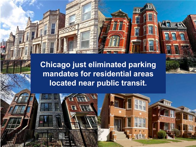 Image of typical Chicago two-flats, three-flats, and four-flats with a text overlay that says "Chicago just eliminated parking mandates for residential areas located near public transit"