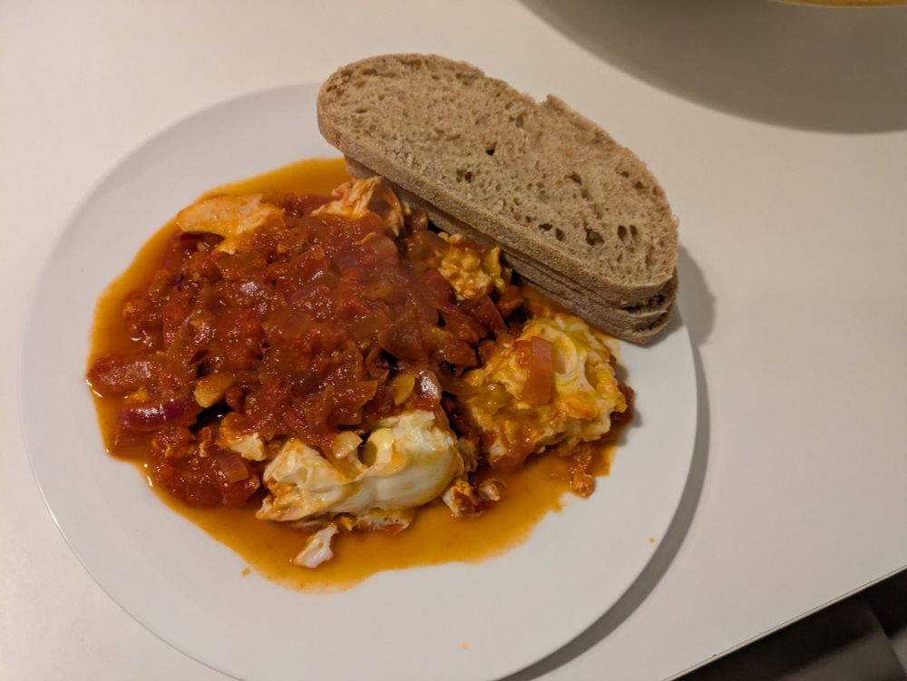 My first attempt at shakshouka with brown sourdough bread