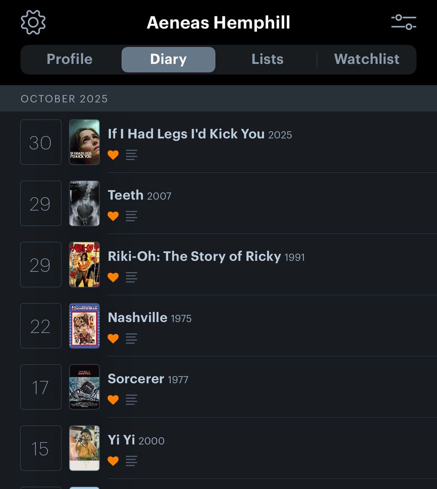Aeneas Hemphill's Letterboxd diary from 10/15 - 10/30, showing all liked films with newly-added journal entries 