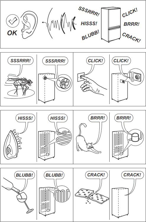 Drawing of a fridge, comparing its various noise-producing parts to common other sounds. At the top it shows various noises emanating from a fridge and entering a human ear, with a check mark and "OK". Below that, it has six specific sounds:

SSSRRR! - made by the fan, sounds like a fly flapping its wings.

CLICK! - made by the thermostat, sounds like a light switch.

HISSS! - made by an expansion valve, sounds like the steam coming out of an iron.

BRRR! - made by the compressor, sounds like the noise a cat makes while stretching.

BLUBB! - made by coolant passing through pipes, sounds like pouring a glass of wine.

CRACK! - made by various parts of the fridge thermally expanding, sounds like breaking a cracker.