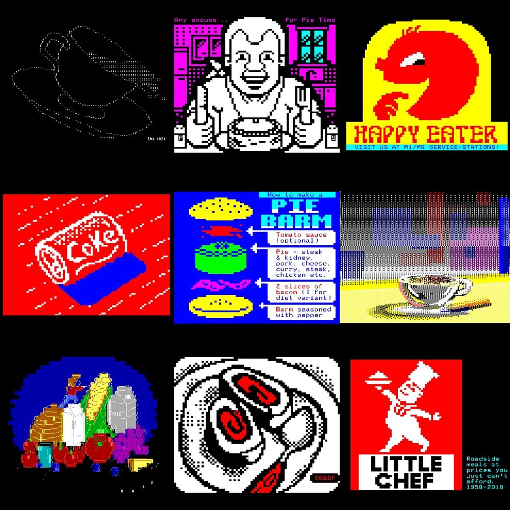 A 3x3 grid illustrates making and eating pies, savouring and spilling hot drinks, climbing a mountain of produce and pulling off the highway for a quick bite.