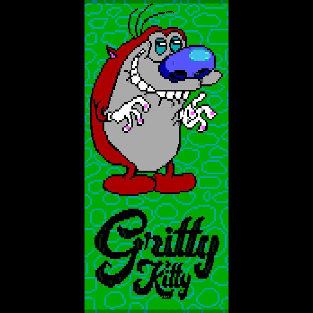 A lumpy red potato-shaped cat squints guiltily while biting his lip in anticipation of some revolting transgression -- possibly having filled the screen with noxious flatulence.  Beneath him, a speckled black logo reads Gritty Kitty.