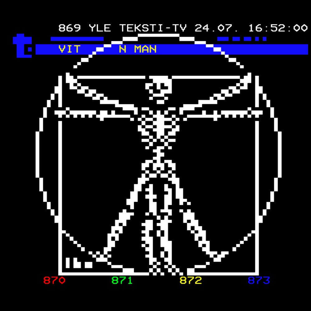 A four-armed, four-legged skeleton stands spread-eagle in a square in a circle.