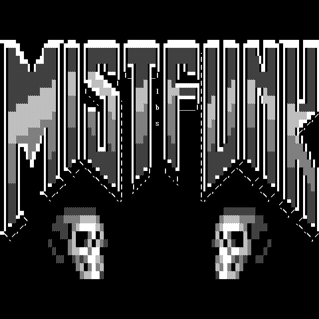 An angular grey Mistfunk logo hovers in the blackness above a pair of small skulls facing each other.