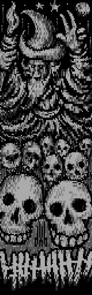 Beneath a starry sky, a torch-bearing wizard decisively raises his hand in a mystical gesture and commands an uneasy company of empty-socketed skulls to rise from the ground, screaming breathlessly