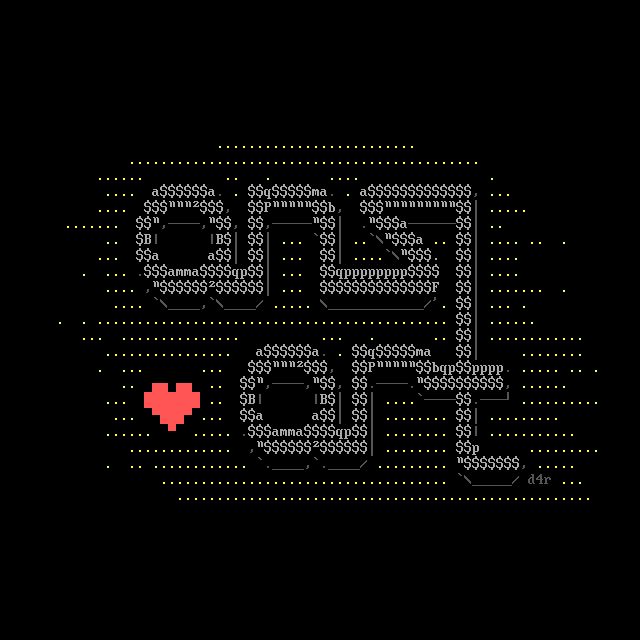 lower-case letters, themselves made out of text characters, spell out the words ansi art.  art runs beneath ansi, and the descender from the i at the end of ansi becomes the t at the end of art.  To the left of art is a tiny stylised heart.